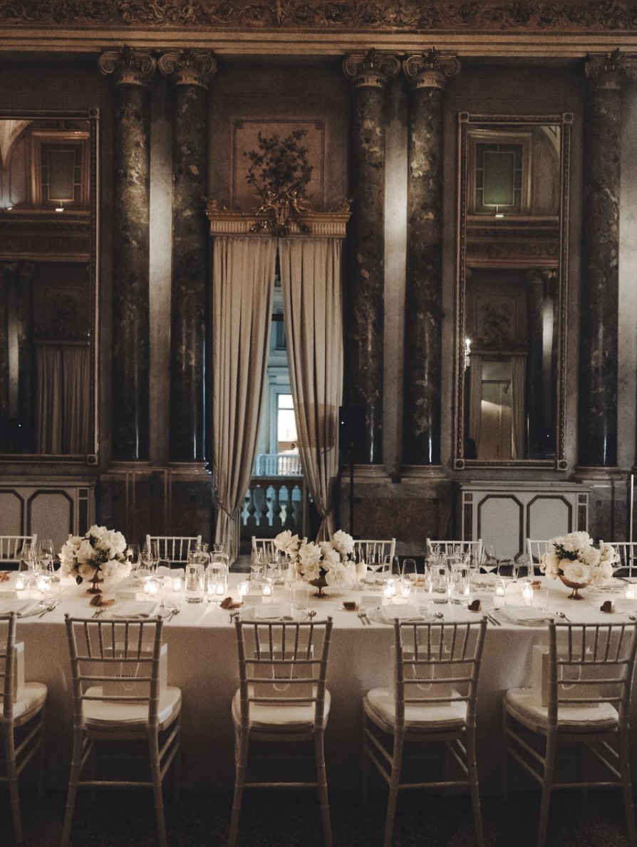 Elegant event dining room with long tables